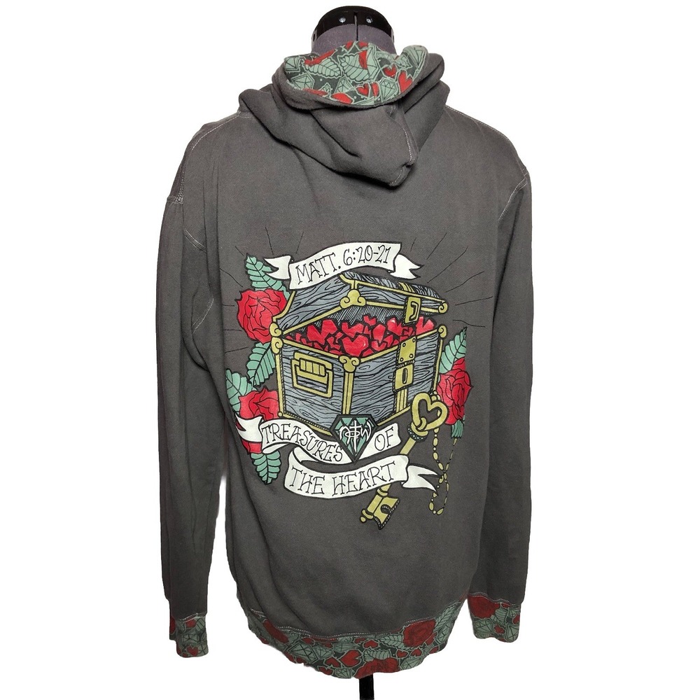 Vtg Y2K NOTW Tattoo Style Hoodie Matt 6:20-21 Streetwear Zip Gray M